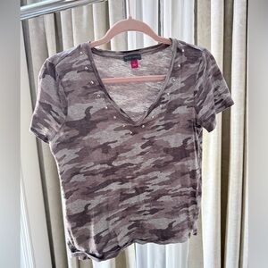 Vince Camuto Camo V-Neck Studded Tee